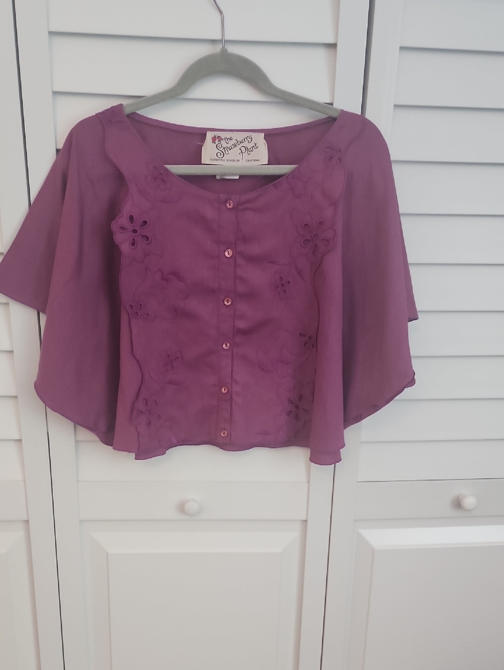 Purple Button-Front Floral Embroidered Blouse